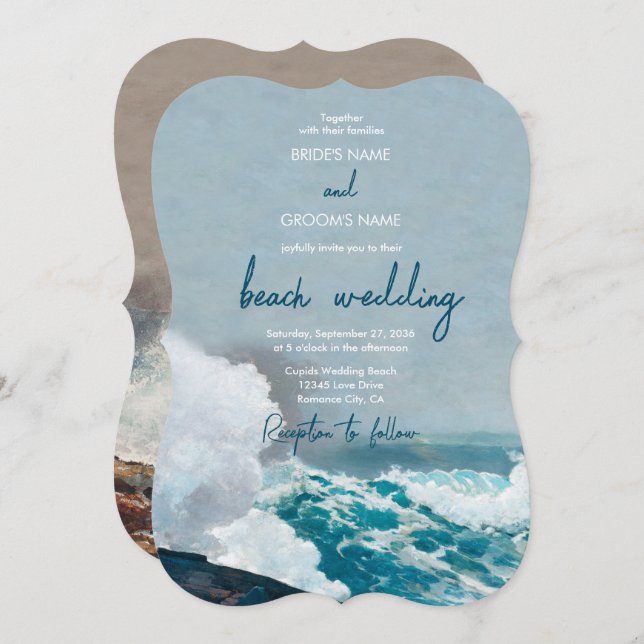 Invitation Watercolor Beach Ocean Waves Monogram Mariage (Devant / Derrière)