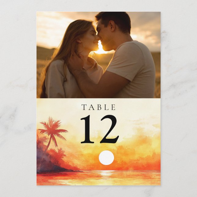 Invitation Watercolor Beach Orange Sunset Table de photos (Dos)
