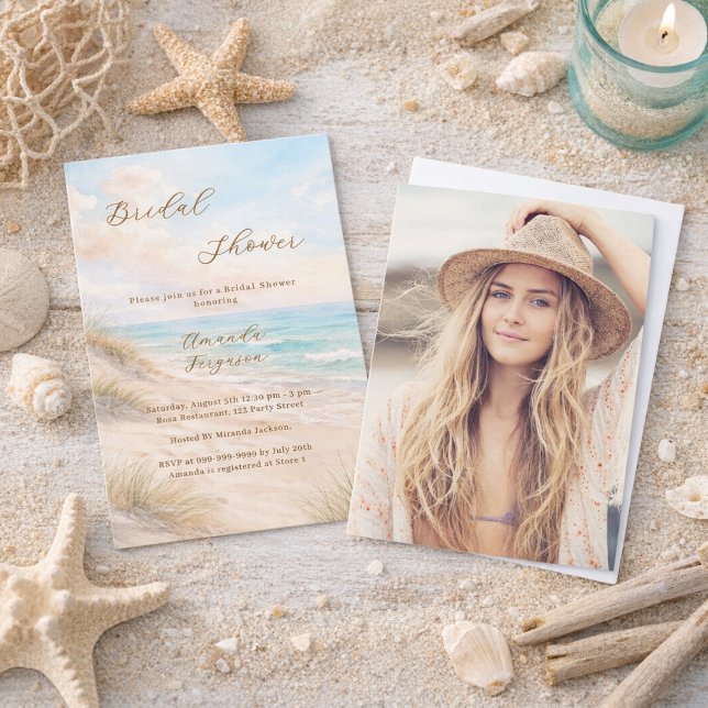 Invitation Watercolor beach sand dunes photo Bridal Shower (Créateur téléchargé)