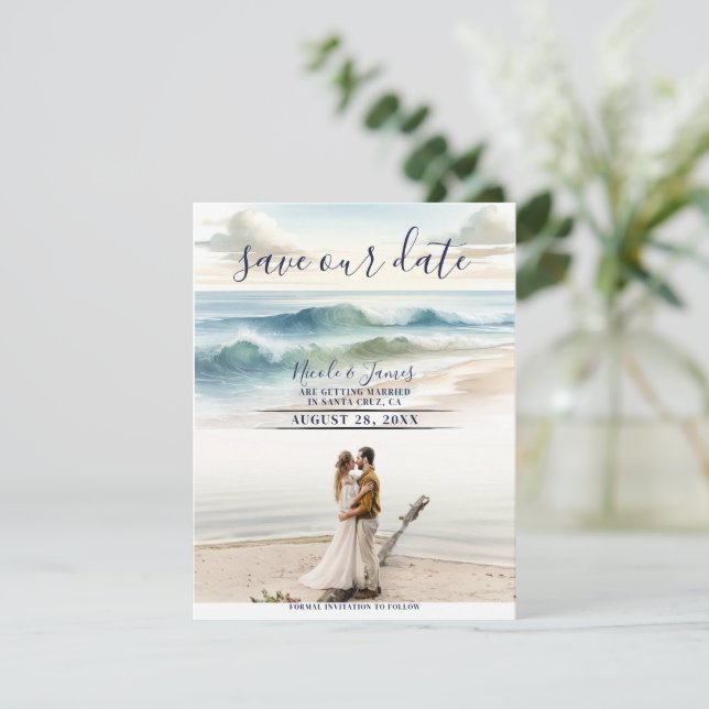 Invitation Watercolor Beach Waves Coastal Save the Date Photo (Debout devant)