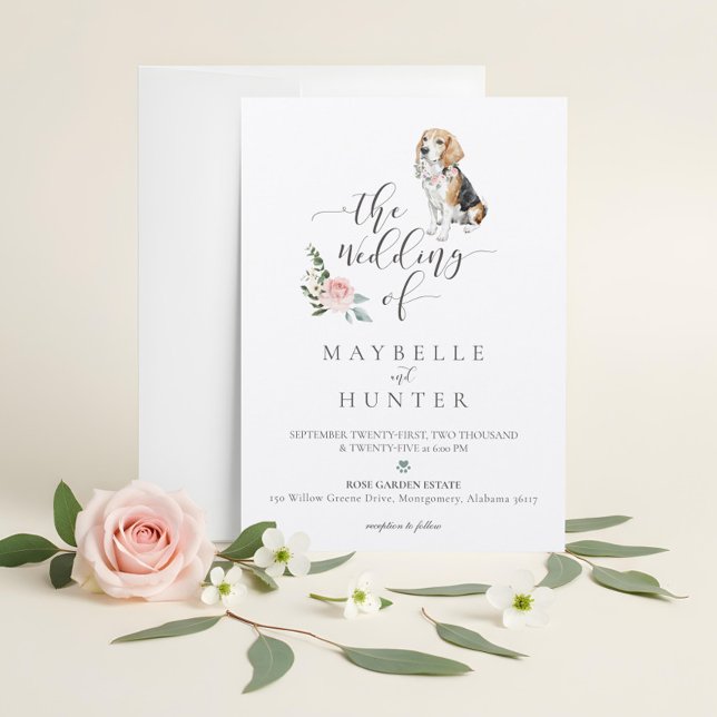 Invitation Watercolor Beagle Dog Pet & Floral Pink Rose (Watercolor Beagle Dog Pet & Floral Pink Rose Invitation)