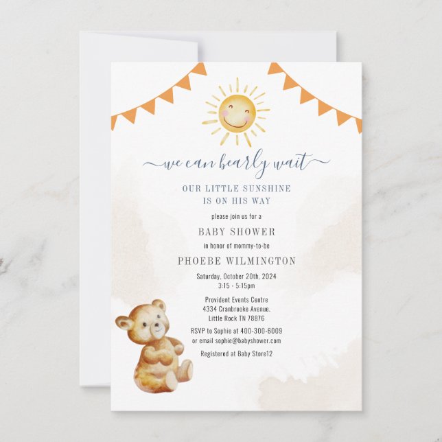 Invitation Watercolor Bear Sunshine Boys Baby shower (Devant)