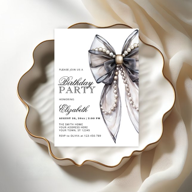 Invitation Watercolor Black Bow et Pearl fête d'anniversaire (Créateur téléchargé)