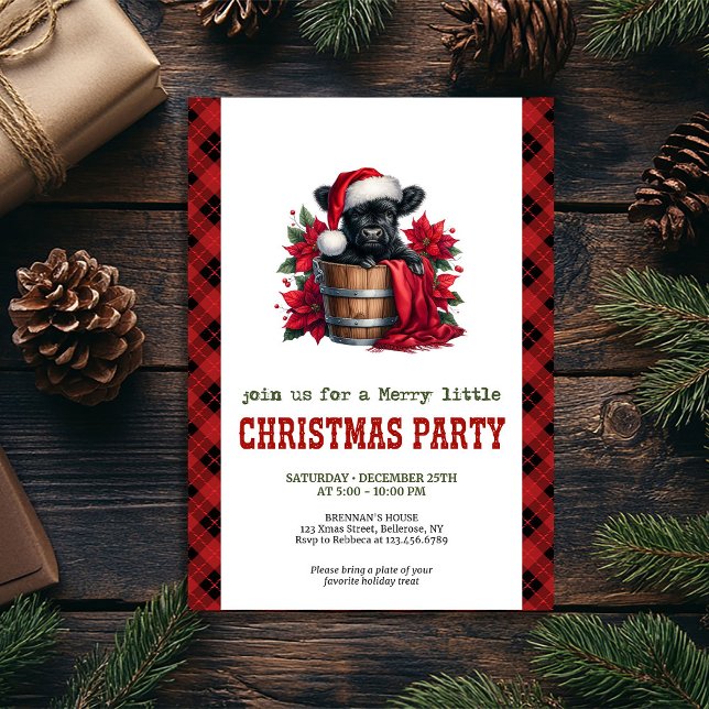 Invitation Watercolor black highland cow red poinsettia Xmas (Watercolor black highland cow red poinsettia Xmas Invitation)
