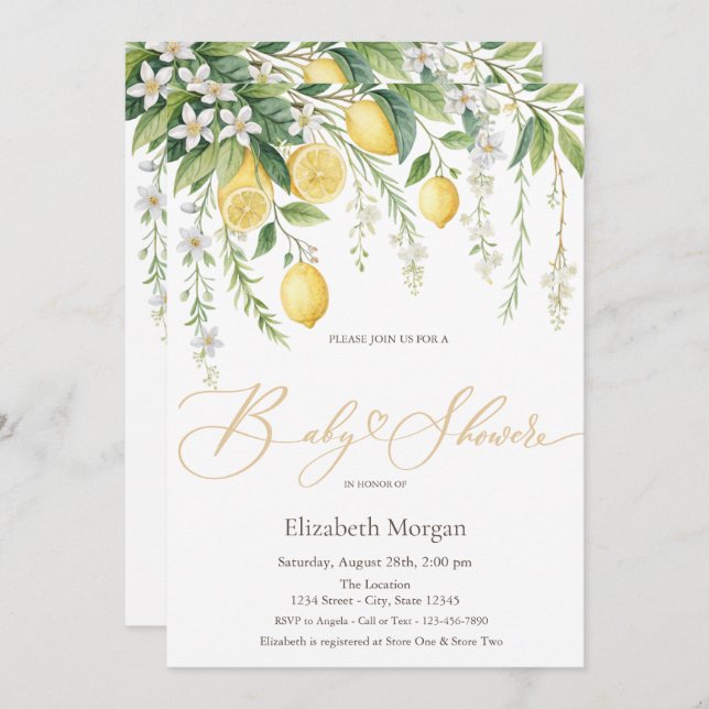 Invitation  Watercolor Blooming Lemons Baby Shower (Devant / Derrière)