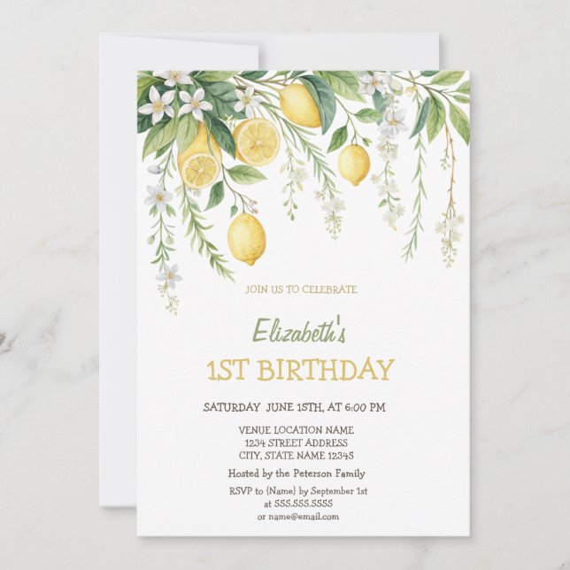 Invitation Watercolor Blooming Lemons Birthday  (Devant)
