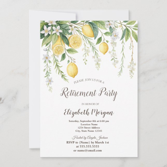 Invitation Watercolor Blooming Lemons Retirement  (Devant)