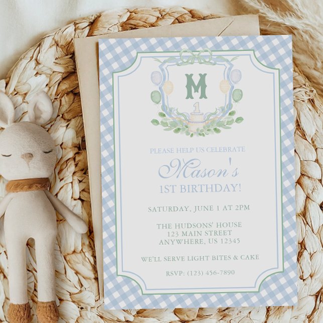 Invitation Watercolor Blue 1st Birthday Monogram Crest Party (Créateur téléchargé)
