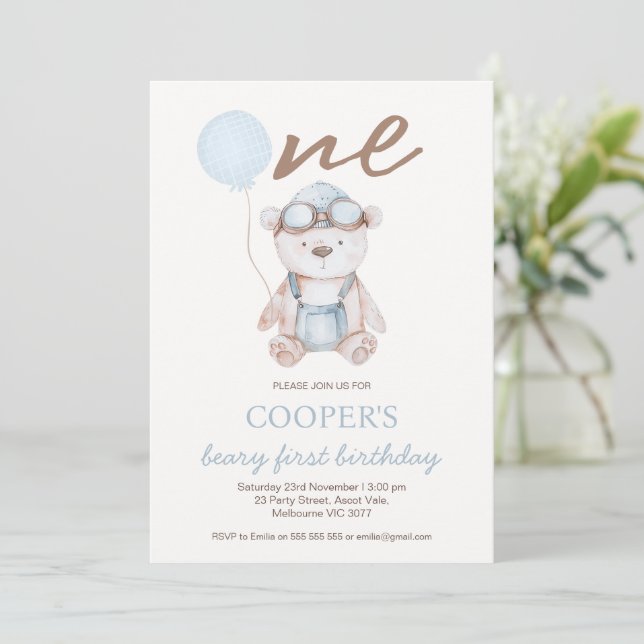 Invitation Watercolor Blue Brown Beary First Birthday  (Debout devant)