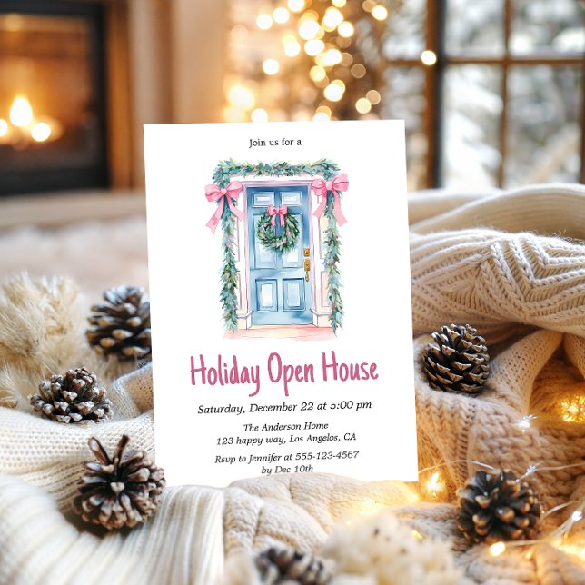 Invitation Watercolor Blue Door Holiday Open House Christmas (Créateur téléchargé)