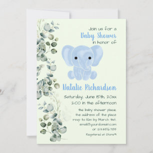 Invitation Watercolor Blue Elephant Nursery Baby shower garço