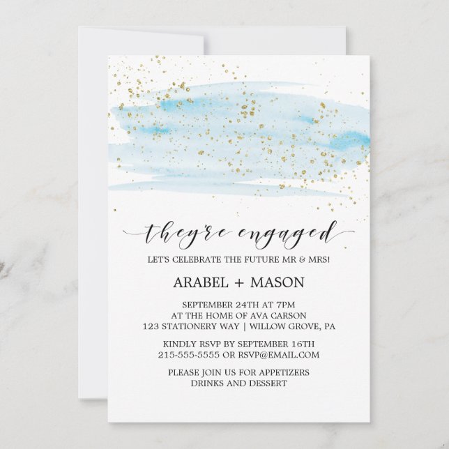 Invitation Watercolor Blue et Gold Sparkle Engagement (Devant)