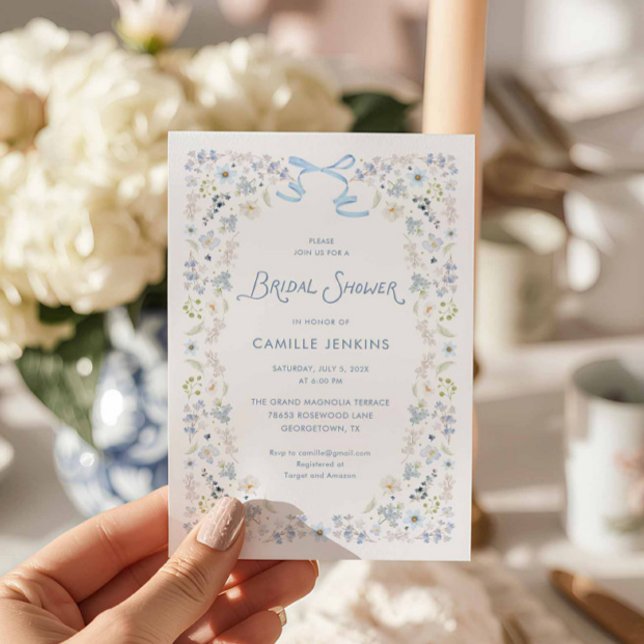 Invitation Watercolor Blue Floral Bridal Brunch Bow Invitatio (Blue Floral Bridal Shower Invitation)