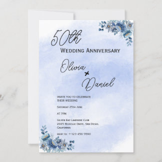 Invitation Watercolor Blue Floral Wedding Anniversary 