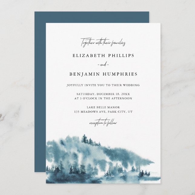 Invitation Watercolor Blue Forest Mariage d'hiver (Devant / Derrière)
