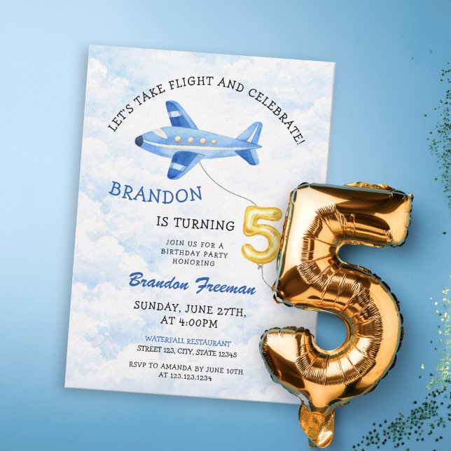 Invitation Watercolor Blue & Gold Airplane 5th Birthday (Créateur téléchargé)