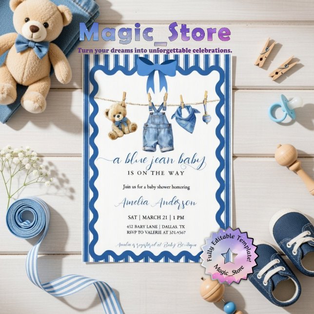 Invitation Watercolor Blue Jean Baby Clothesline Baby Shower (Créateur téléchargé)
