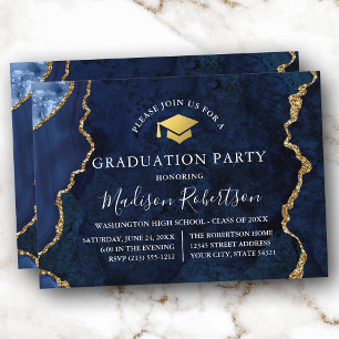 Invitation Watercolor Blue Marble Gold Casquette Grad Party