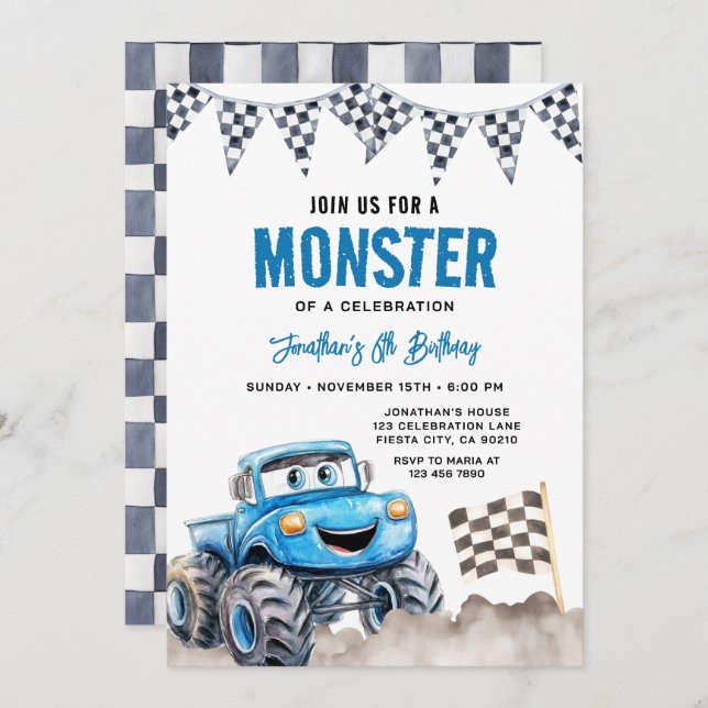 Invitation Watercolor Blue Monster Truck Birthday Race Party (Devant / Derrière)