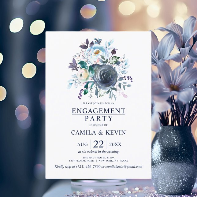 Invitation Watercolor Blue Navy Floral Engagement Party (Watercolor Blue Navy Floral Engagement Party Invitation)