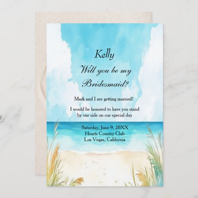 Invitation Watercolor Blue Ocean Beach Mariage Bridesmaid (Devant / Derrière)