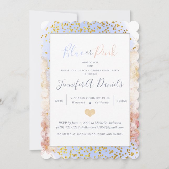 Invitation Watercolor Blue ou rose Genre Revevela Party (Devant)