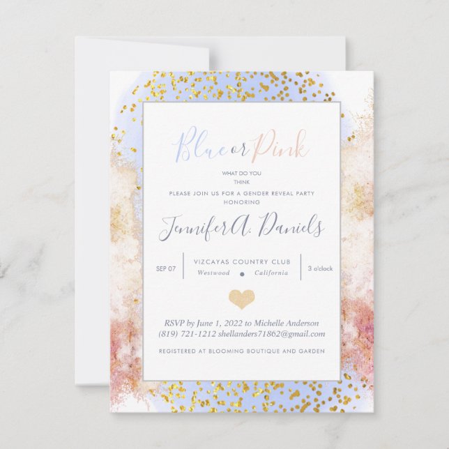 Invitation Watercolor Blue ou rose Genre Revevela Party (Devant)