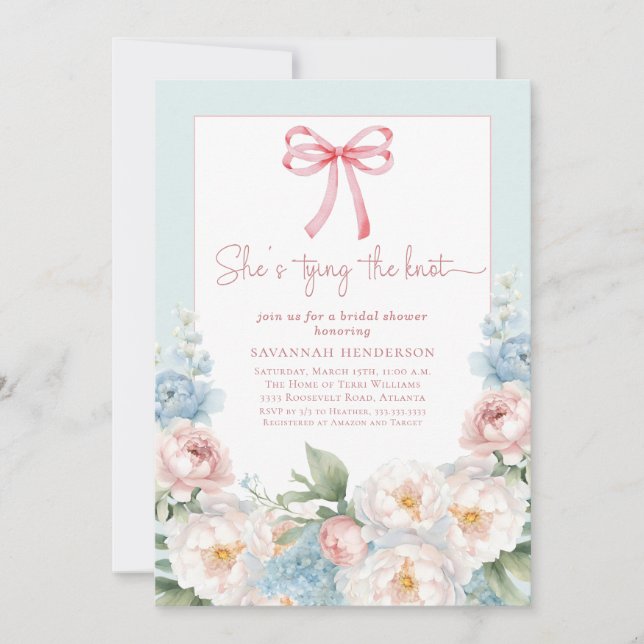 Invitation Watercolor Blue Pink Floral Bow Bridal Shower (Devant)