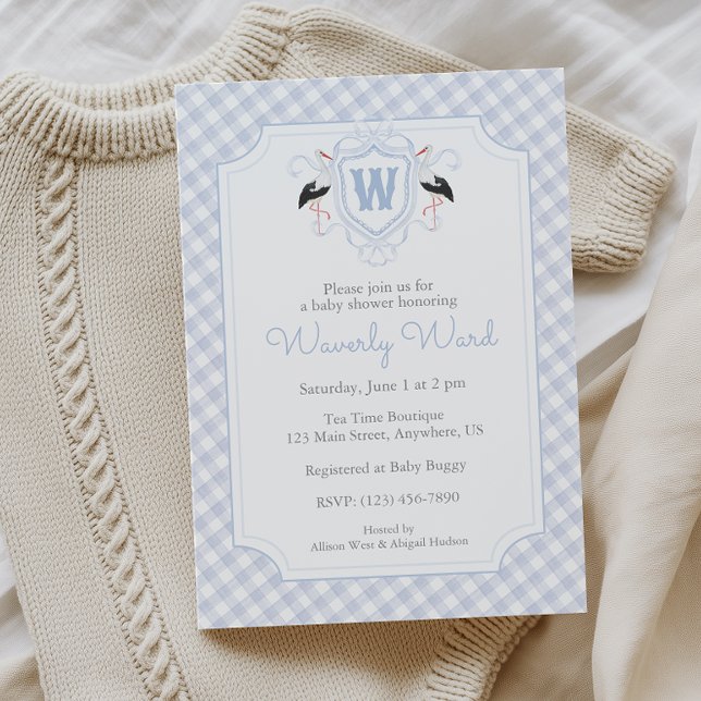 Invitation Watercolor Blue Stork Monogram Crest Baby Shower (Créateur téléchargé)