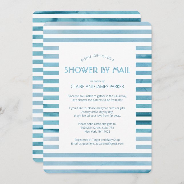 Invitation Watercolor Blue Stripes Baby shower par courrier (Devant / Derrière)
