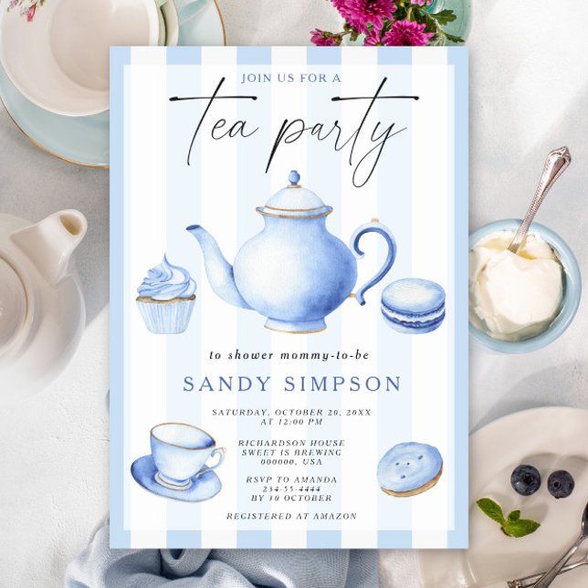 Invitation Watercolor Blue Tea Party Baby shower bébé (Créateur téléchargé)
