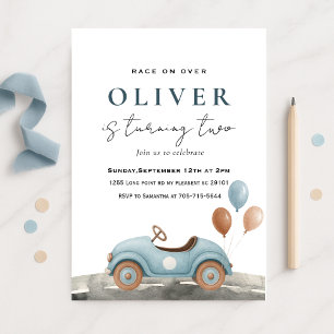 Invitation Watercolor Blue Toy Voiture Anniversaire