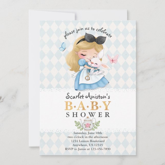 Invitation Watercolor Blue Wonderland Girl Baby shower (Devant)