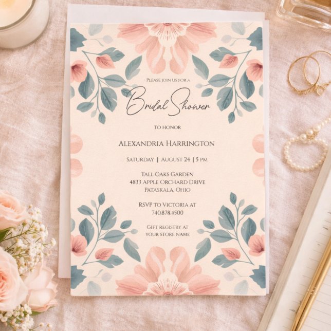 Invitation Watercolor Blush and Green Floral Bridal Shower  (Créateur téléchargé)
