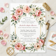 Watercolor Blush Peony Cadre Doré Quinceañera