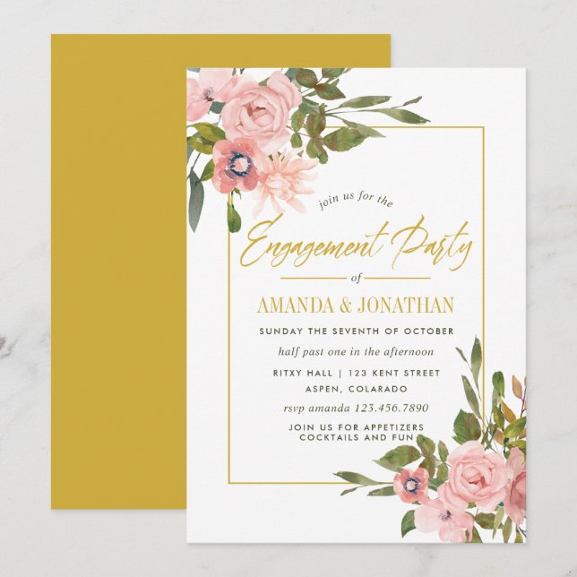 Invitation Watercolor Blush Pink et Gold Engagement Party (Devant / Derrière)