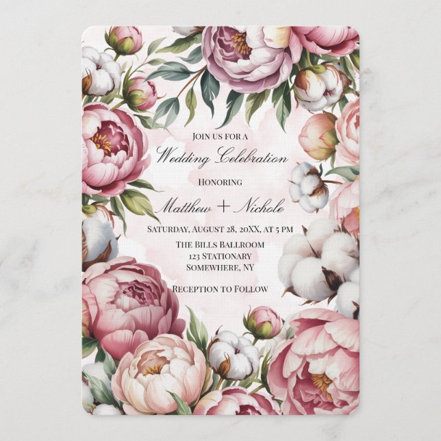 Invitation Watercolor Blush Pink Peony and Cotton Wedding  (Devant)