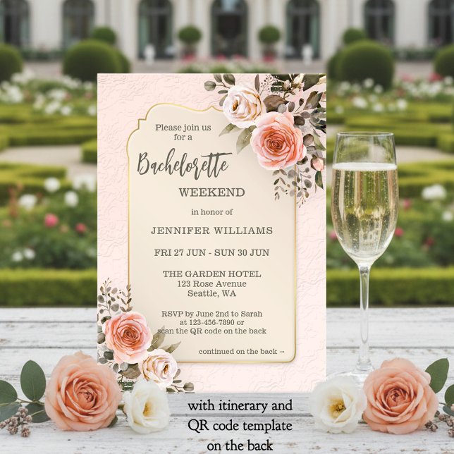 Invitation Watercolor Blush Pink Roses Bachelorette Weekend (Bachelorette weekend itinerary invitation featuring blush pink watercolor roses on retro chic)
