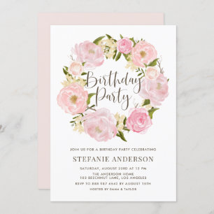Invitation Watercolor Blush Pink Wreath fête d'anniversaire