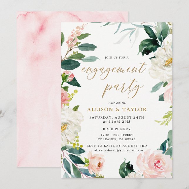 Invitation Watercolor Blush Russe Engagement Party (Devant / Derrière)