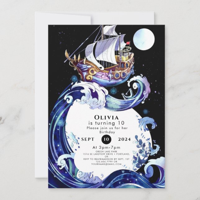 Invitation Watercolor Boat Adventure Pirate Anniversaire (Devant)