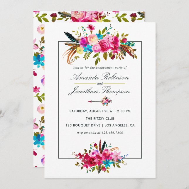 Invitation Watercolor Boho Chic Floral Engagement Party (Devant / Derrière)