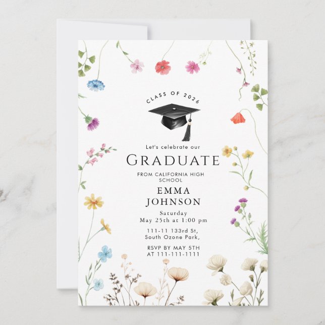 Invitation Watercolor Boho Fleur sauvage Boho Graduation Part (Devant)