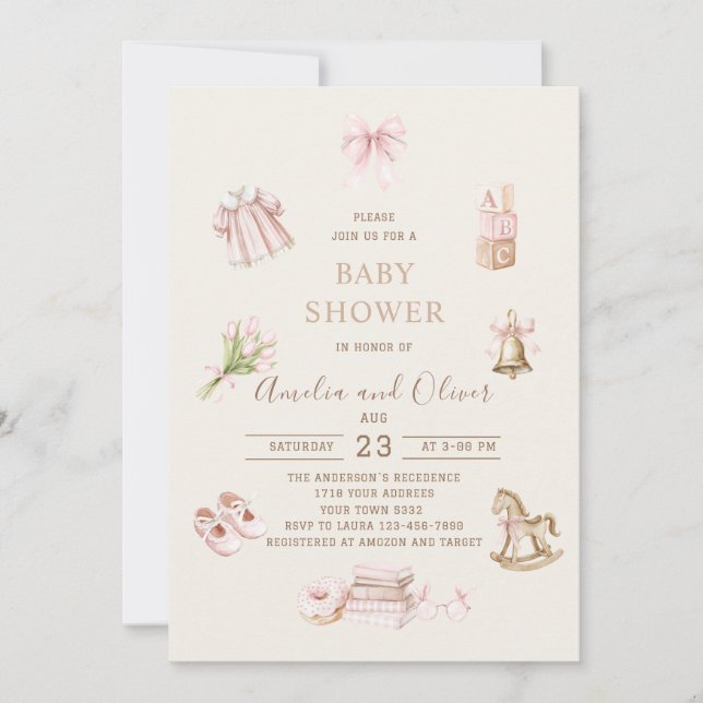 Invitation Watercolor Boho Nursery girl  baby shower (Devant)
