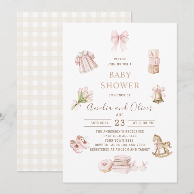 Invitation Watercolor Boho Nursery girl  baby shower (Devant / Derrière)