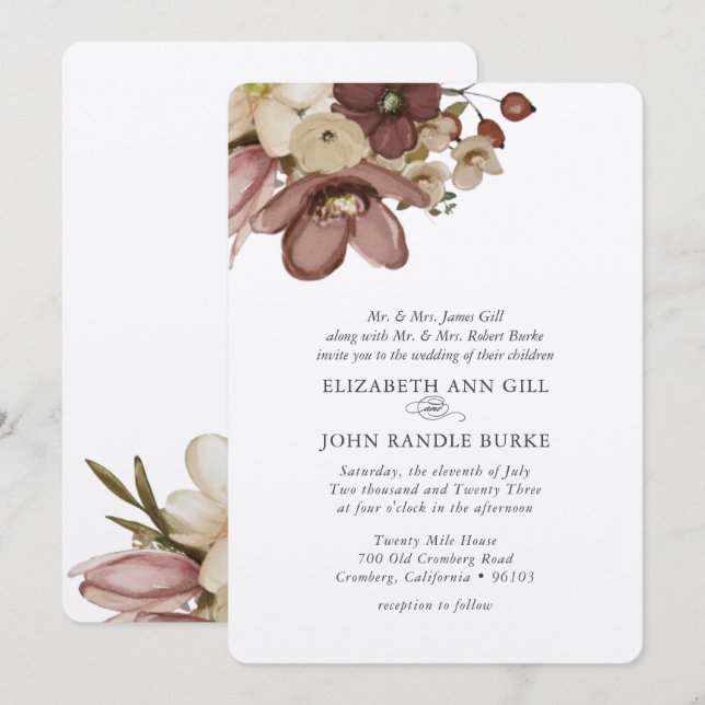 Invitation Watercolor Boho Rose & Neutral Wedding (Devant / Derrière)