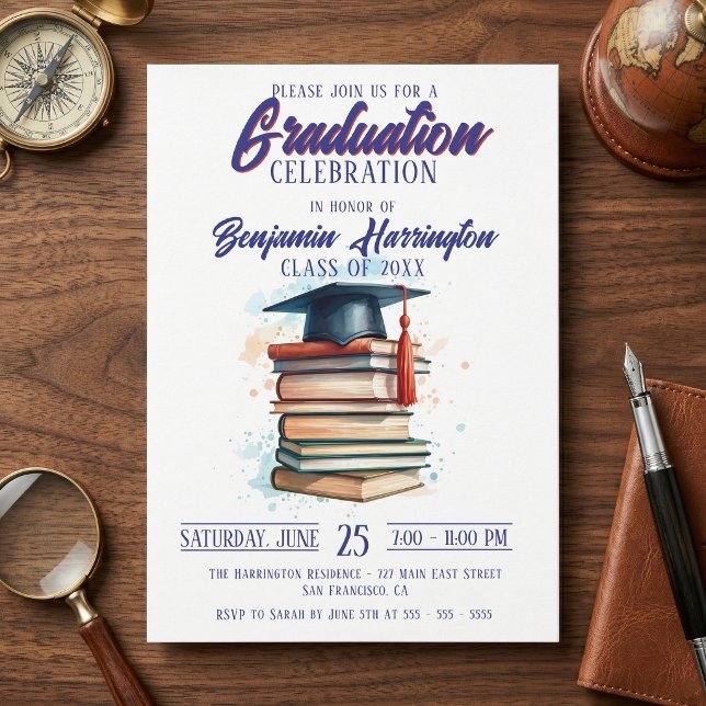 Invitation Watercolor Books and Cap Graduation Celebration (Créateur téléchargé)