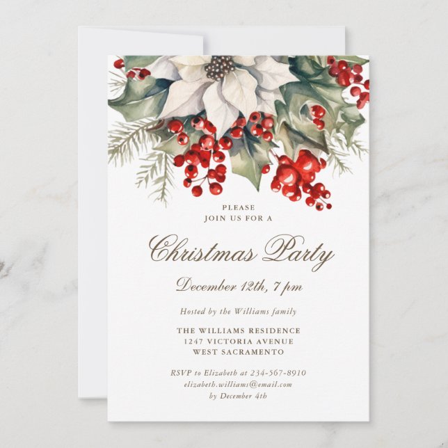 Invitation Watercolor Botanical Holly Berries Christmas Party (Devant)