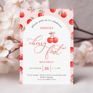 Invitation Watercolor Bow Cherry Premier 1er anniversaire