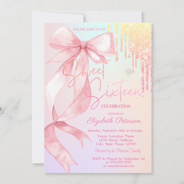 Invitation Watercolor Bow Glitter Drips Colorful Sweet 16   (Devant)